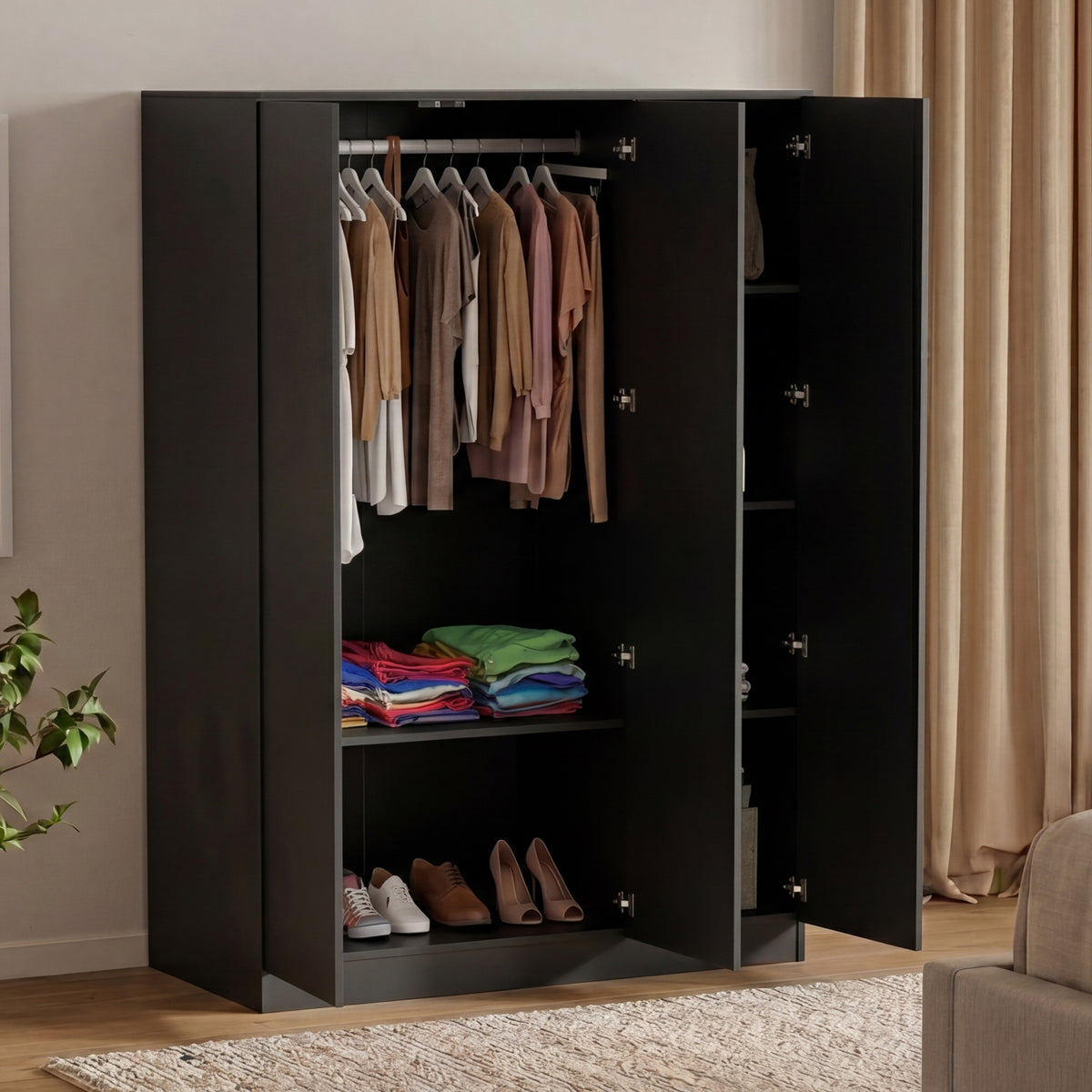 Denver 3 Door Mirrored Wardrobe, Black