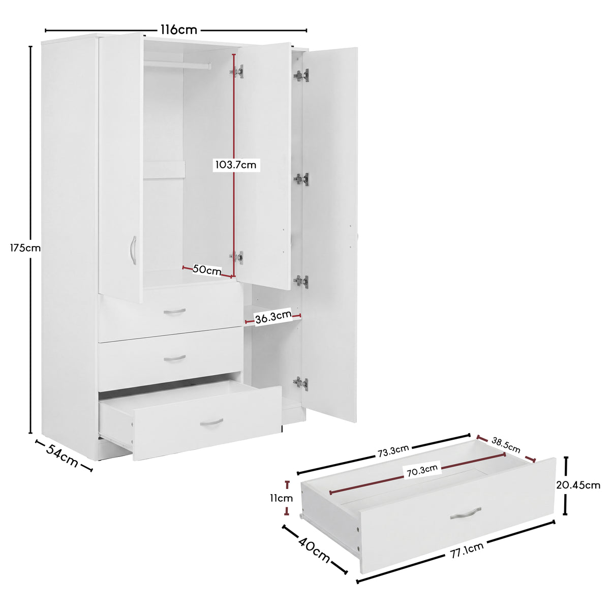 Riano 3 Door 3 Drawer Mirrored Wardrobe- White