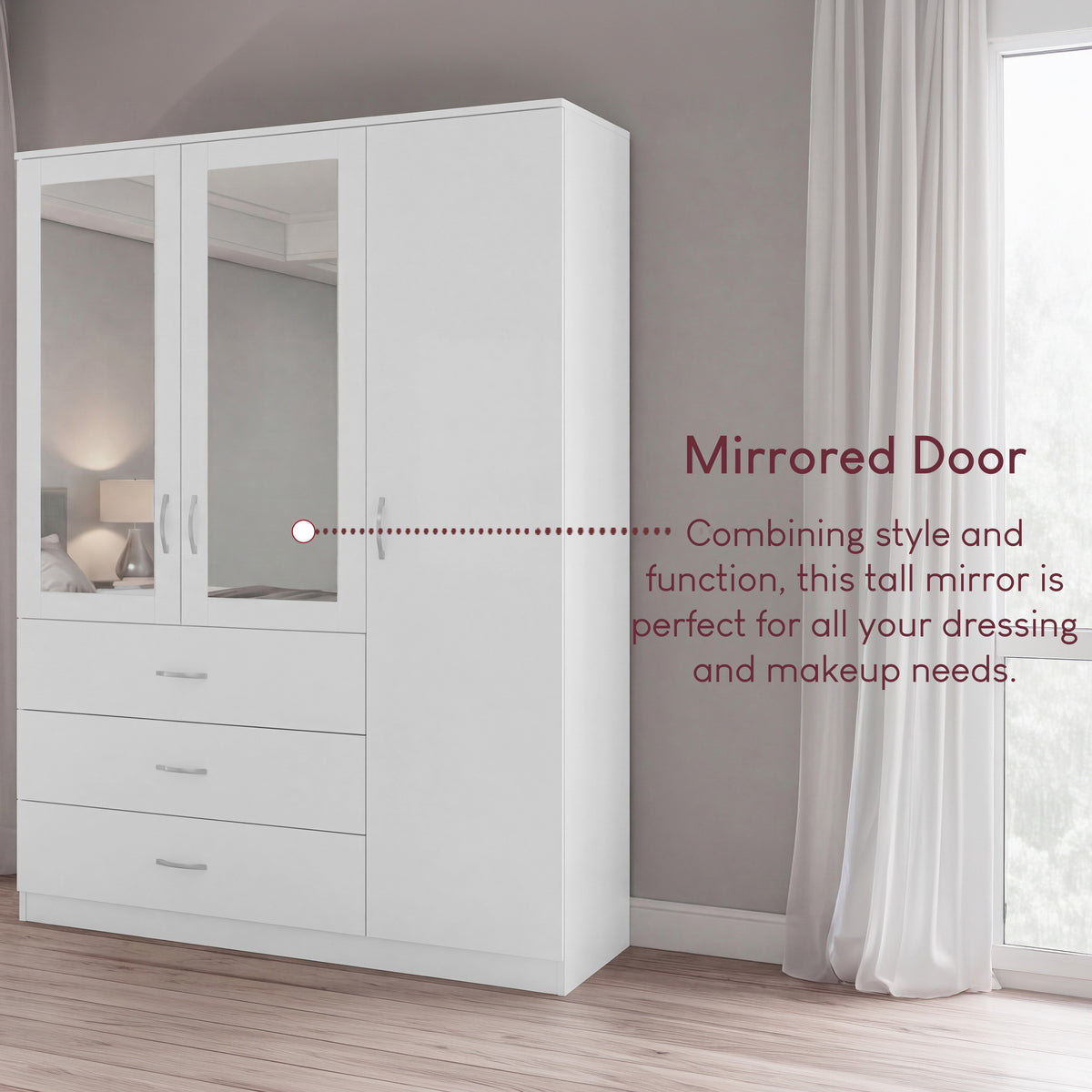 Riano 3 Door 3 Drawer Mirrored Wardrobe- White