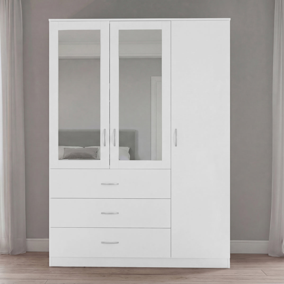 Riano 3 Door 3 Drawer Mirrored Wardrobe- White