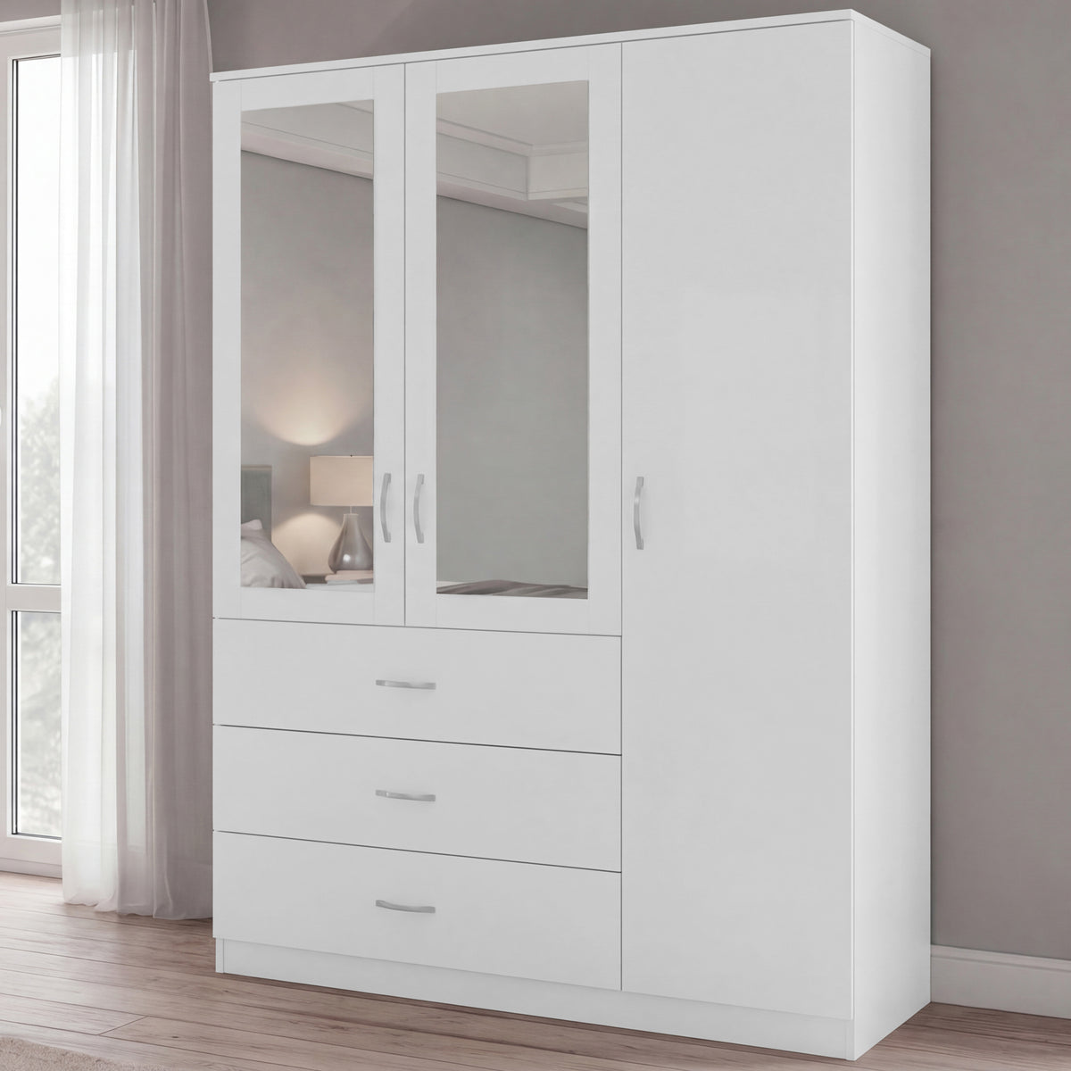 Riano 3 Door 3 Drawer Mirrored Wardrobe- White
