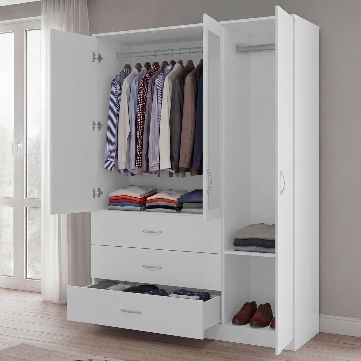 Riano 3 Door 3 Drawer Mirrored Wardrobe- White