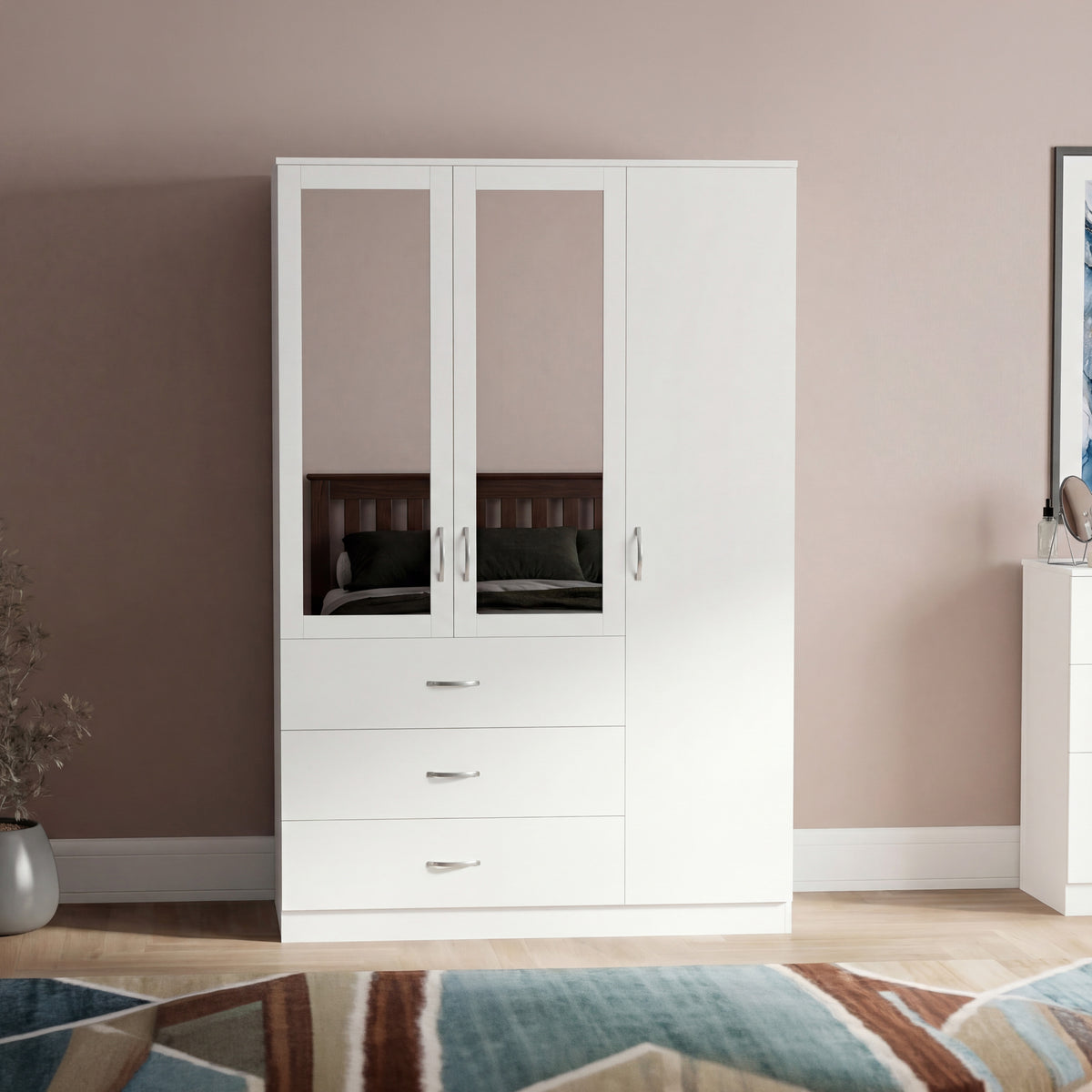 Riano 3 Door 3 Drawer Mirrored Wardrobe- White