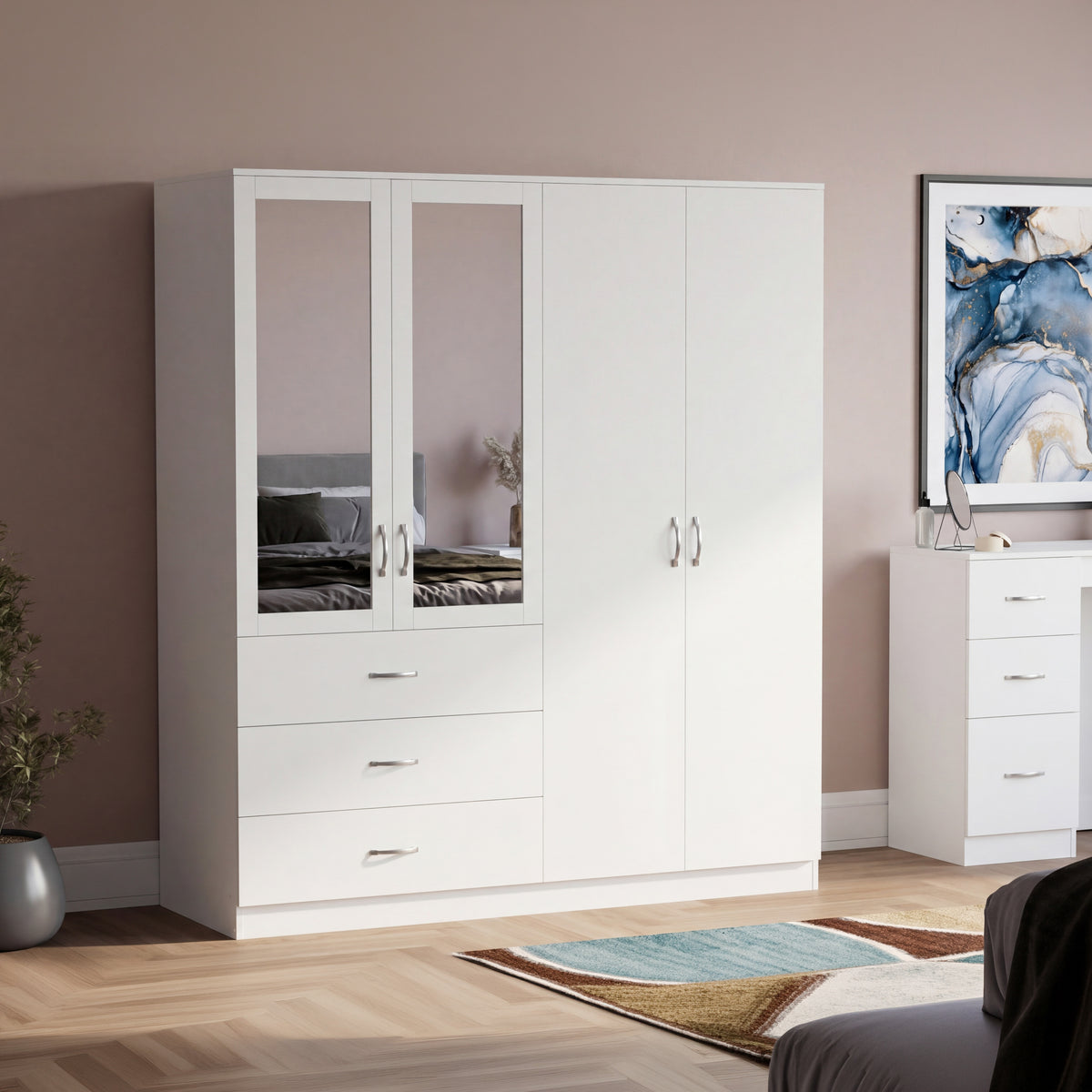 Riano 4 Door 3 Drawer Mirrored Wardrobe - White