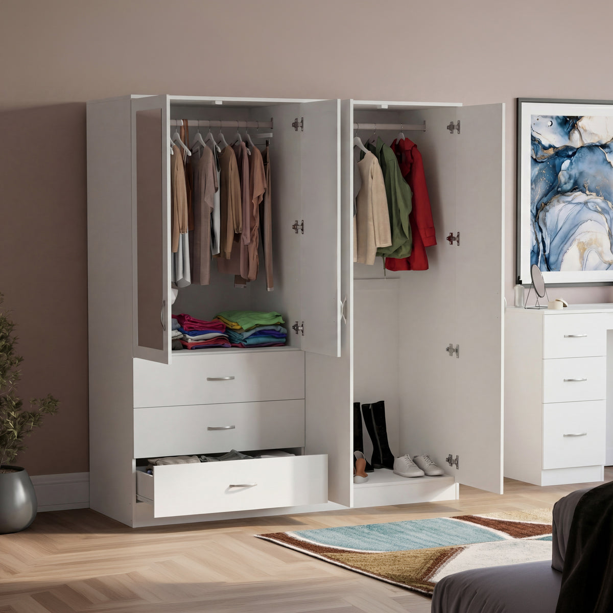 Riano 4 Door 3 Drawer Mirrored Wardrobe - White
