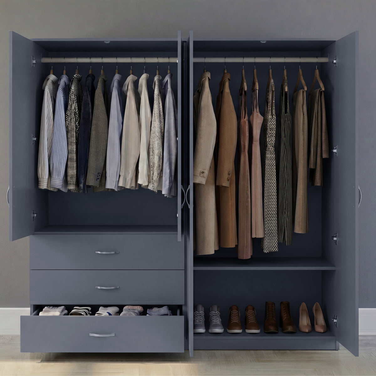 Riano 4 Door 3 Drawer Mirrored Wardrobe – Grey