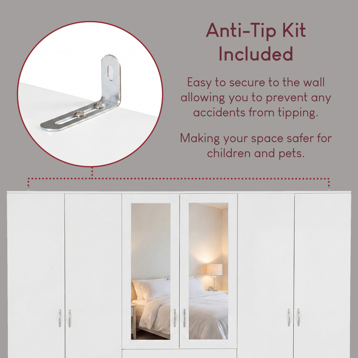 Riano 6 Door 3 Drawer Mirrored Wardrobe- White