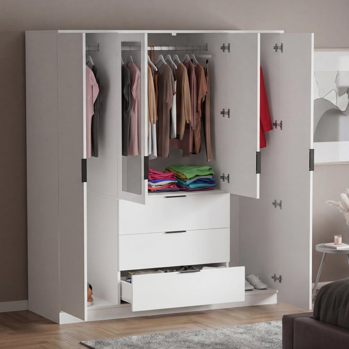 Trega 4 Door 3 Drawer Mirrored Wardrobe – Modern Spacious Bedroom Storage Closet, White