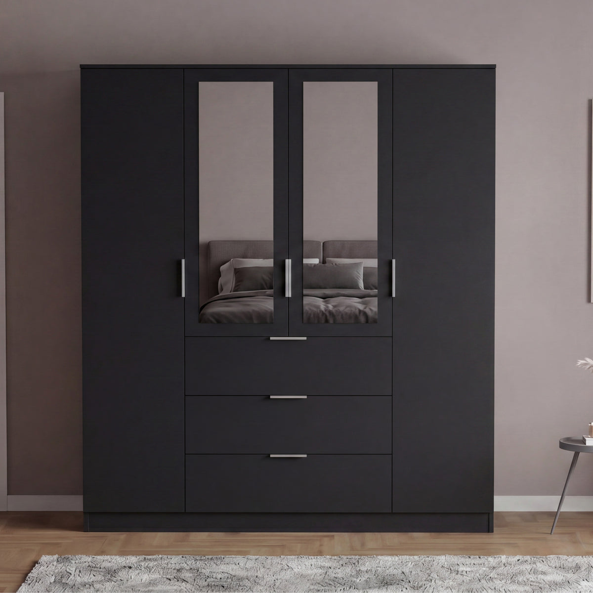 Trega 4 Door 3 Drawer Mirrored Wardrobe, Black