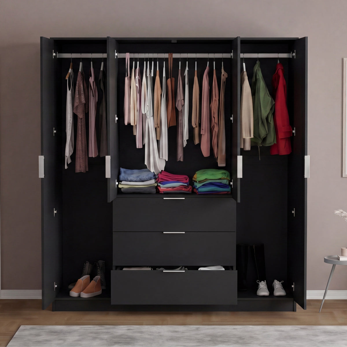 Trega 4 Door 3 Drawer Mirrored Wardrobe, Black