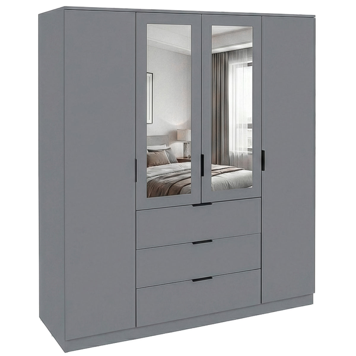 Trega 4 Door 3 Drawer Mirrored Wardrobe – Modern Spacious Bedroom Storage Closet, Grey