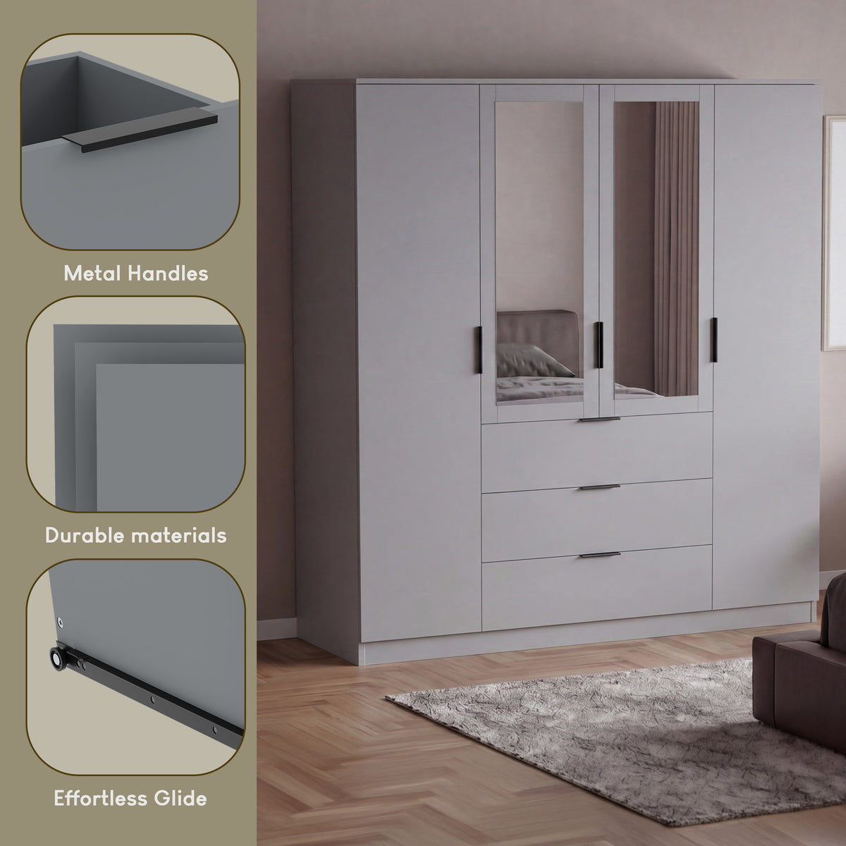 Trega 4 Door 3 Drawer Mirrored Wardrobe – Modern Spacious Bedroom Storage Closet, Grey