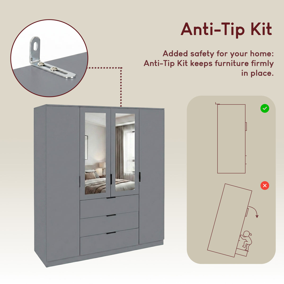 Trega 4 Door 3 Drawer Mirrored Wardrobe – Modern Spacious Bedroom Storage Closet, Grey