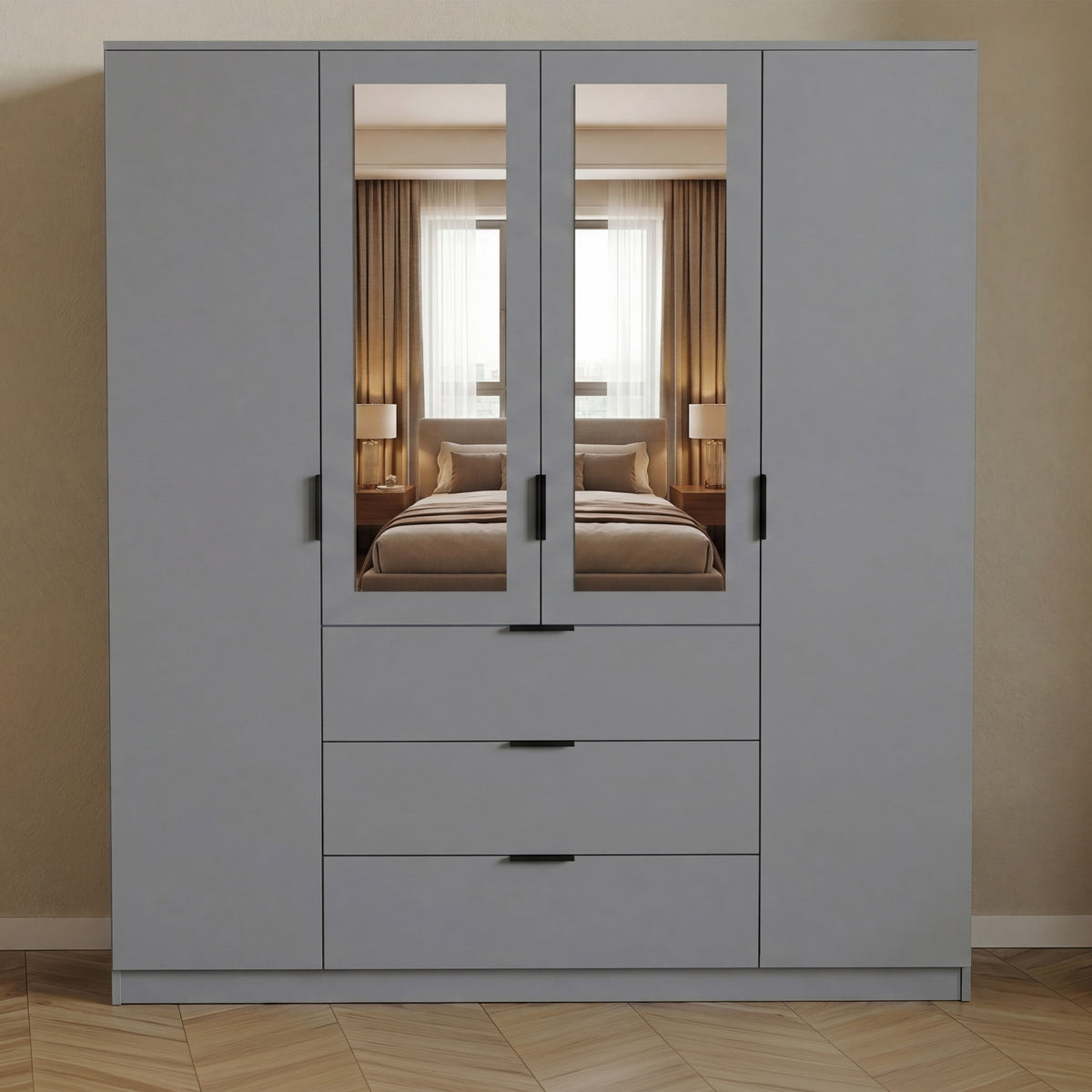 Trega 4 Door 3 Drawer Mirrored Wardrobe – Modern Spacious Bedroom Storage Closet, Grey
