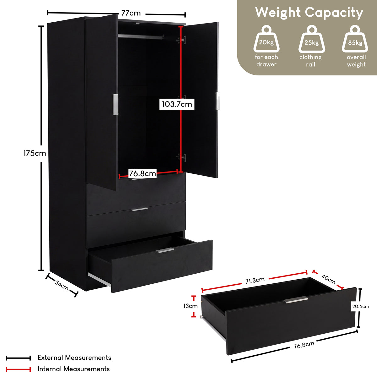 Trega 2 Door 3 Drawer Wardrobe – Modern Spacious Bedroom Storage Closet, Black