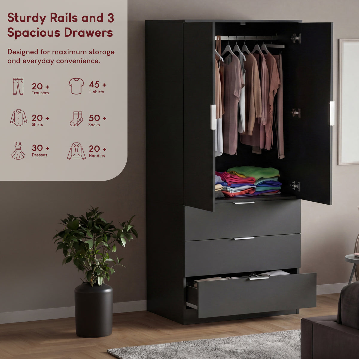 Trega 2 Door 3 Drawer Wardrobe – Modern Spacious Bedroom Storage Closet, Black