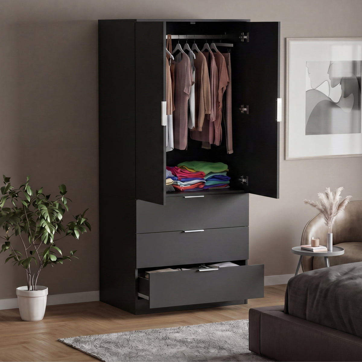 Trega 2 Door 3 Drawer Wardrobe – Modern Spacious Bedroom Storage Closet, Black