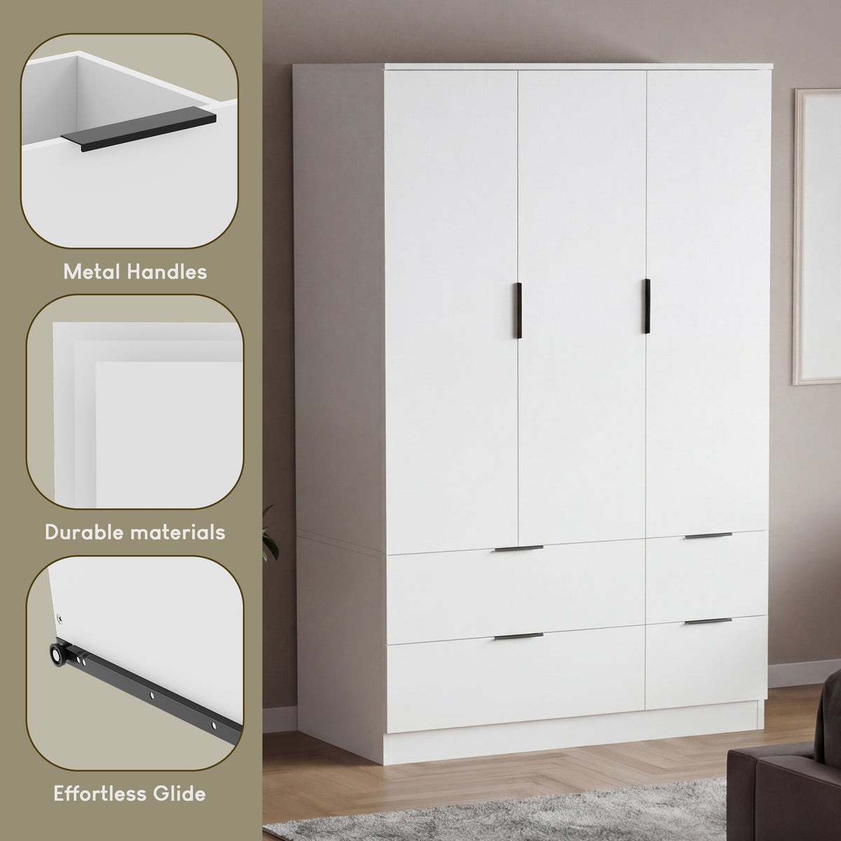 Trega 3 Door 4 Drawer Wardrobe, White