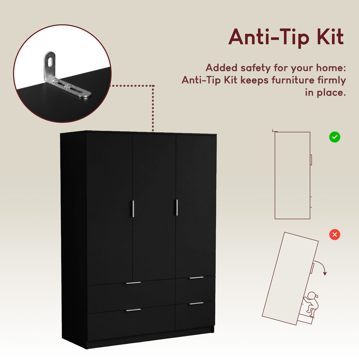 Trega 3 Door 4 Drawer Wardrobe – Modern Spacious Bedroom Storage Closet, Black