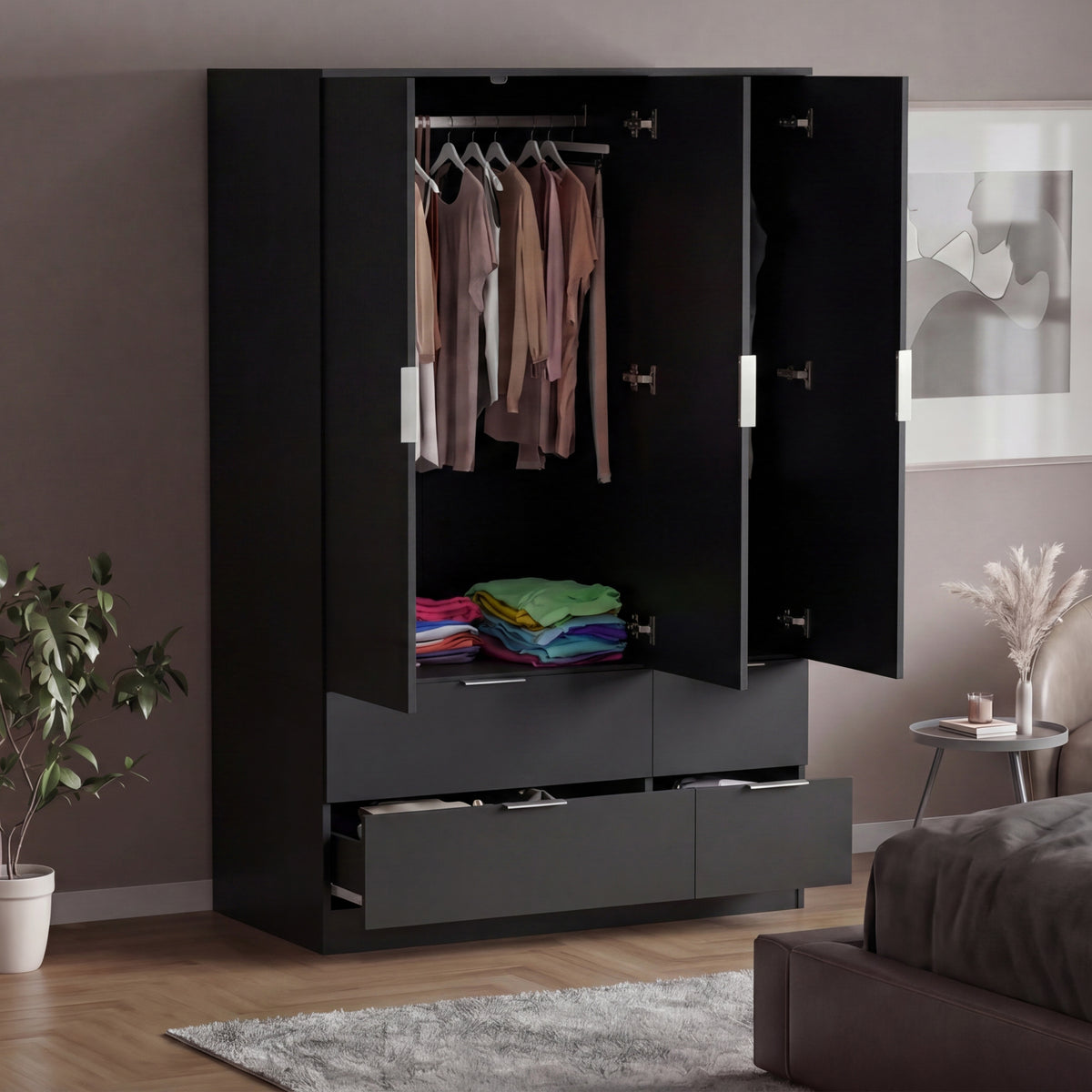 Trega 3 Door 4 Drawer Wardrobe – Modern Spacious Bedroom Storage Closet, Black