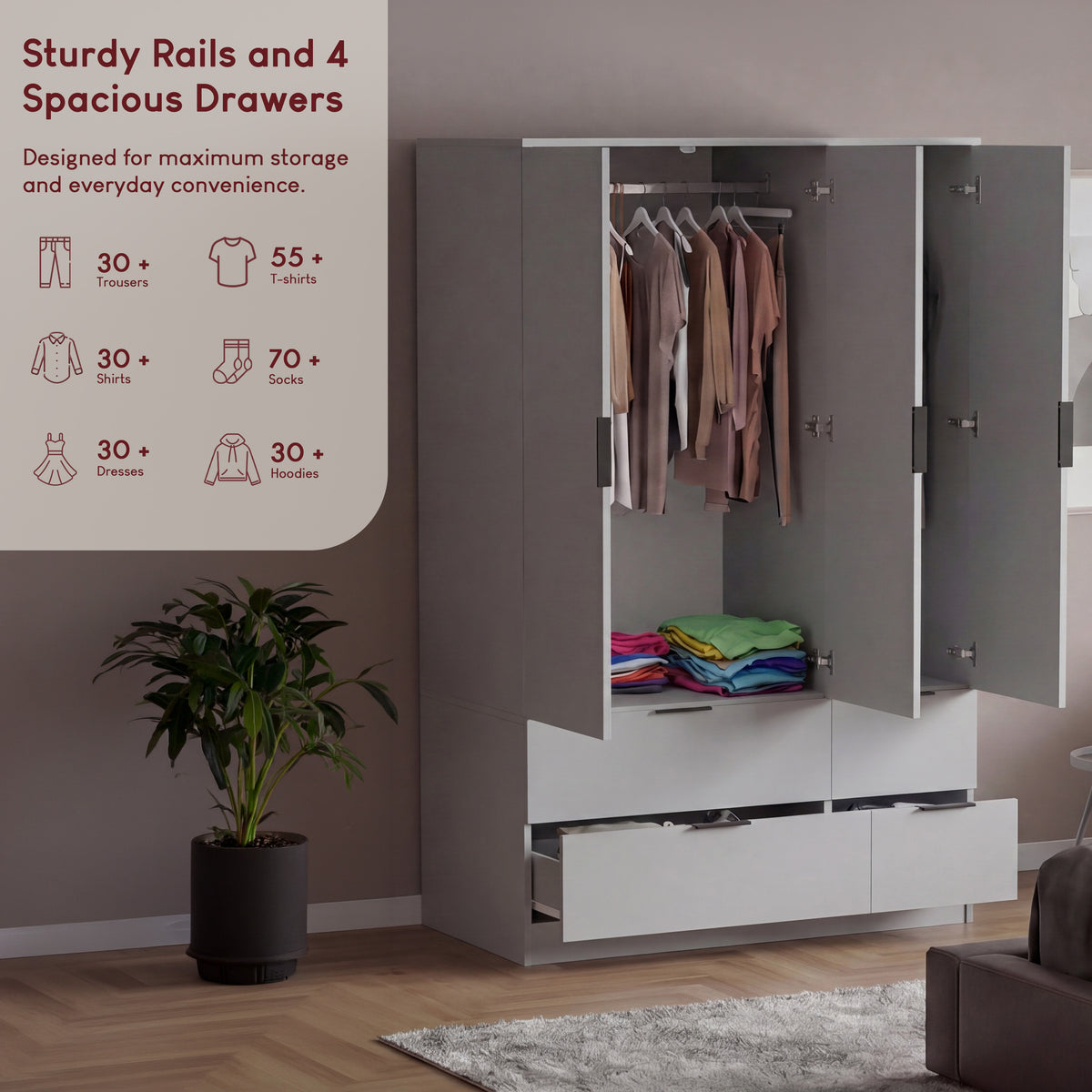 Trega 3 Door 4 Drawer Wardrobe – Modern Spacious Bedroom Storage Closet, Grey