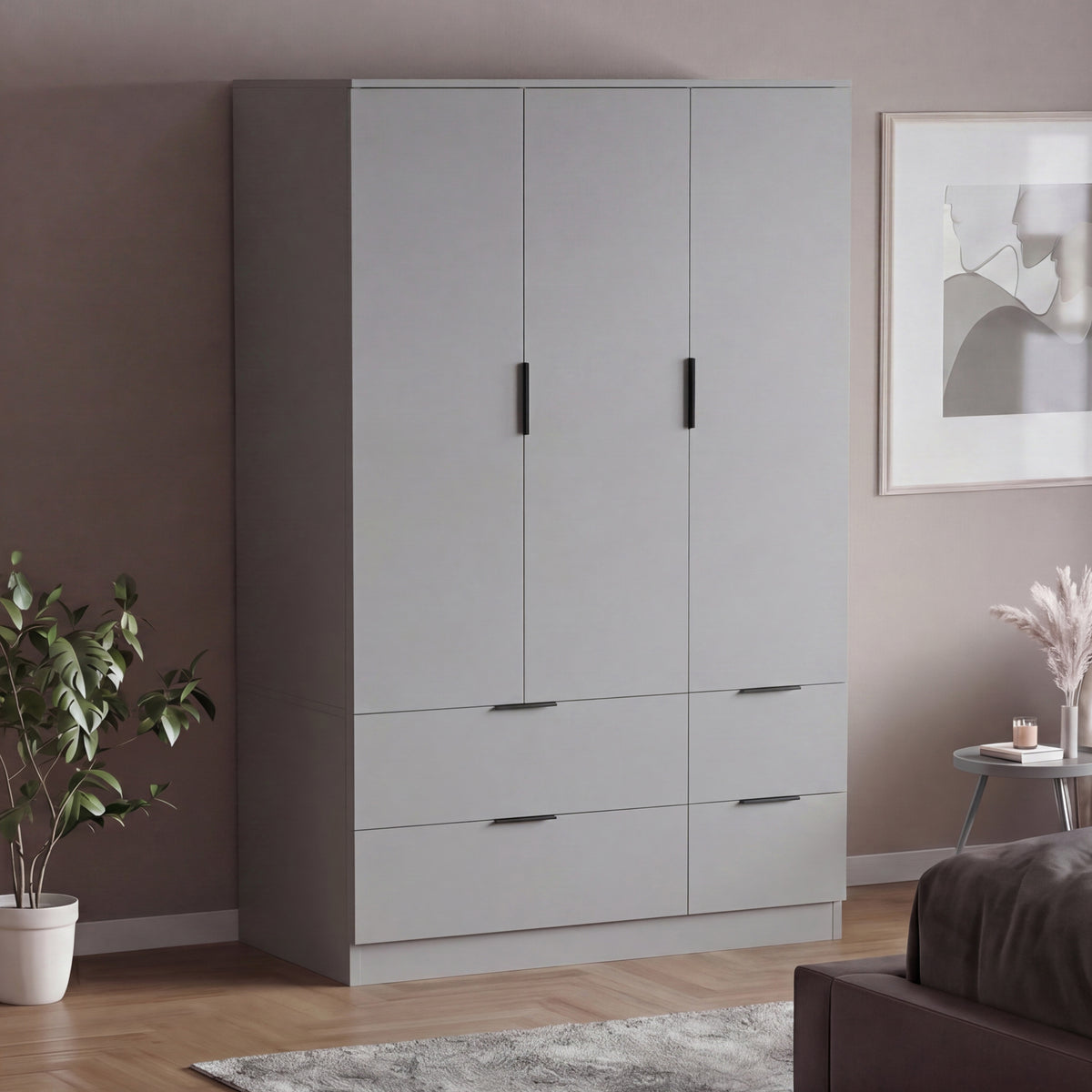 Trega 3 Door 4 Drawer Wardrobe – Modern Spacious Bedroom Storage Closet, Grey