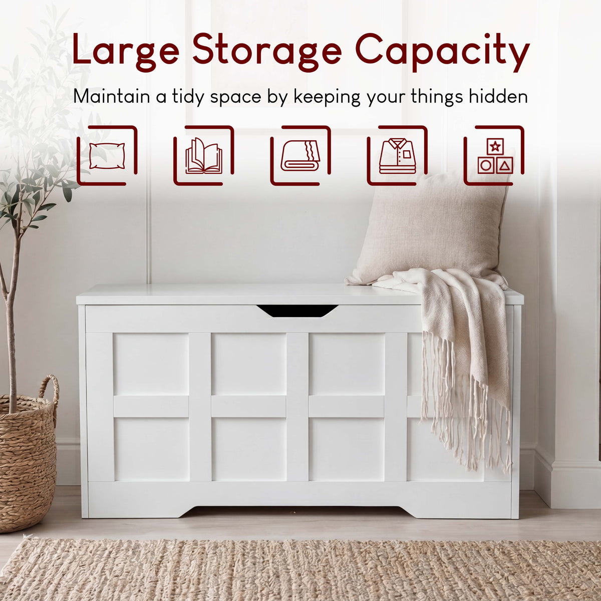 Large Wooden Storage Ottoman Bench – Multi-Functional Storage Chest with Lid, White