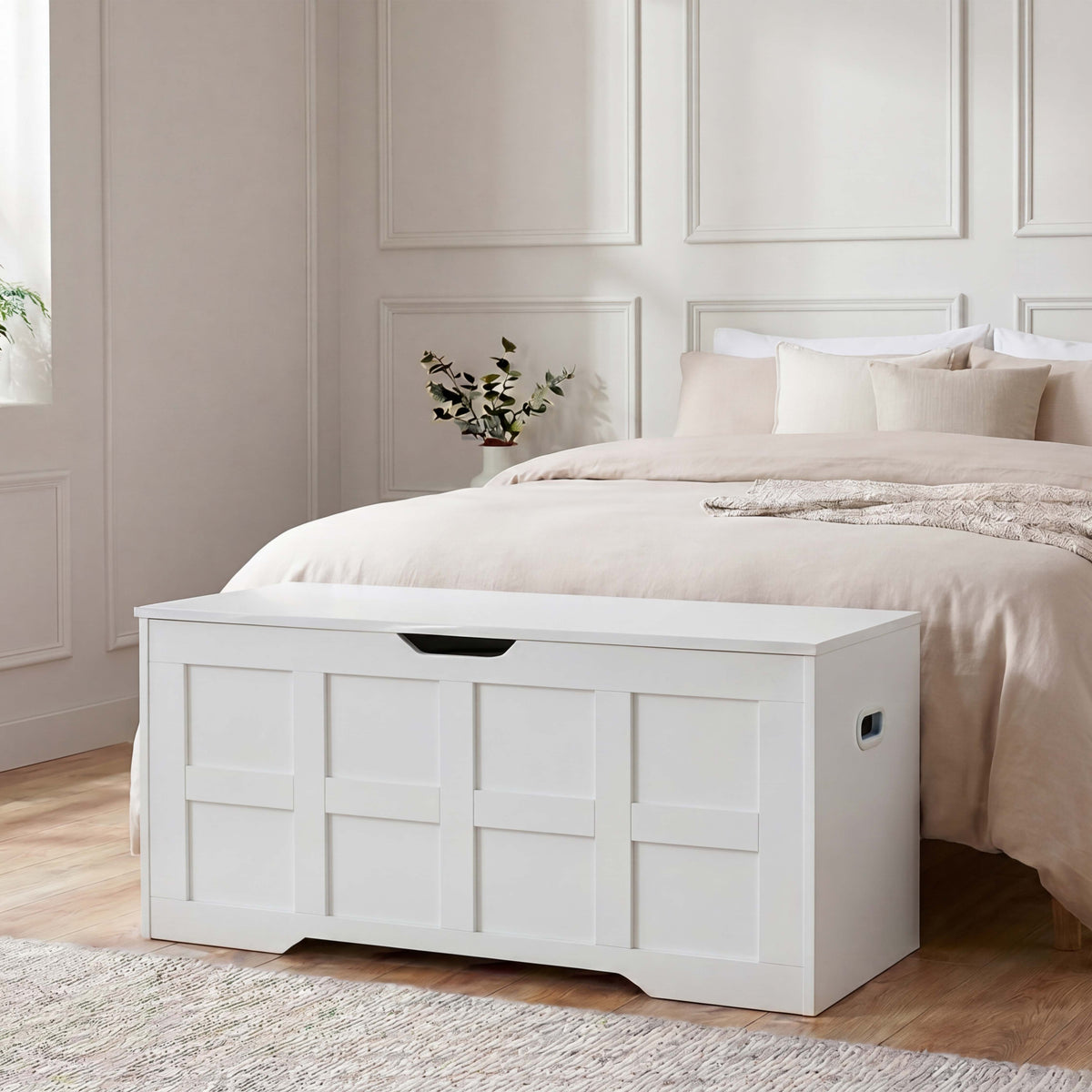 Large Wooden Storage Ottoman Bench – Multi-Functional Storage Chest with Lid, White