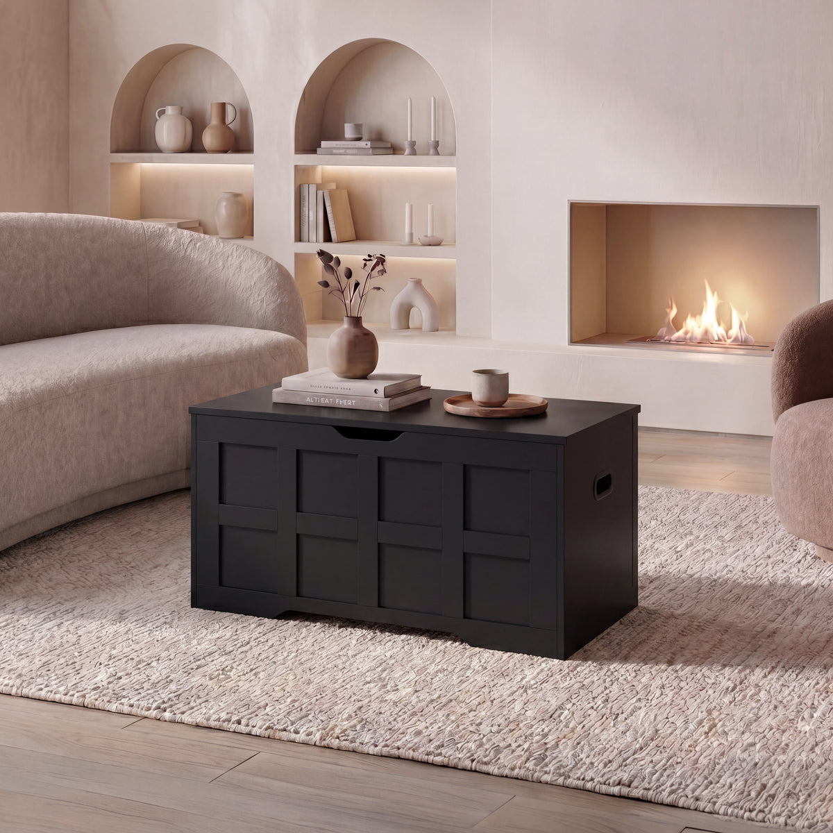 Large Wooden Storage Ottoman Bench – Multi-Functional Storage Chest with Lid, Black
