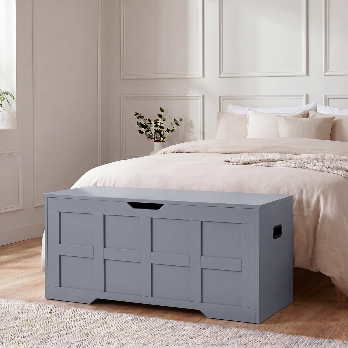 Large Wooden Storage Ottoman Bench – Multi-Functional Storage Chest with Lid, Grey