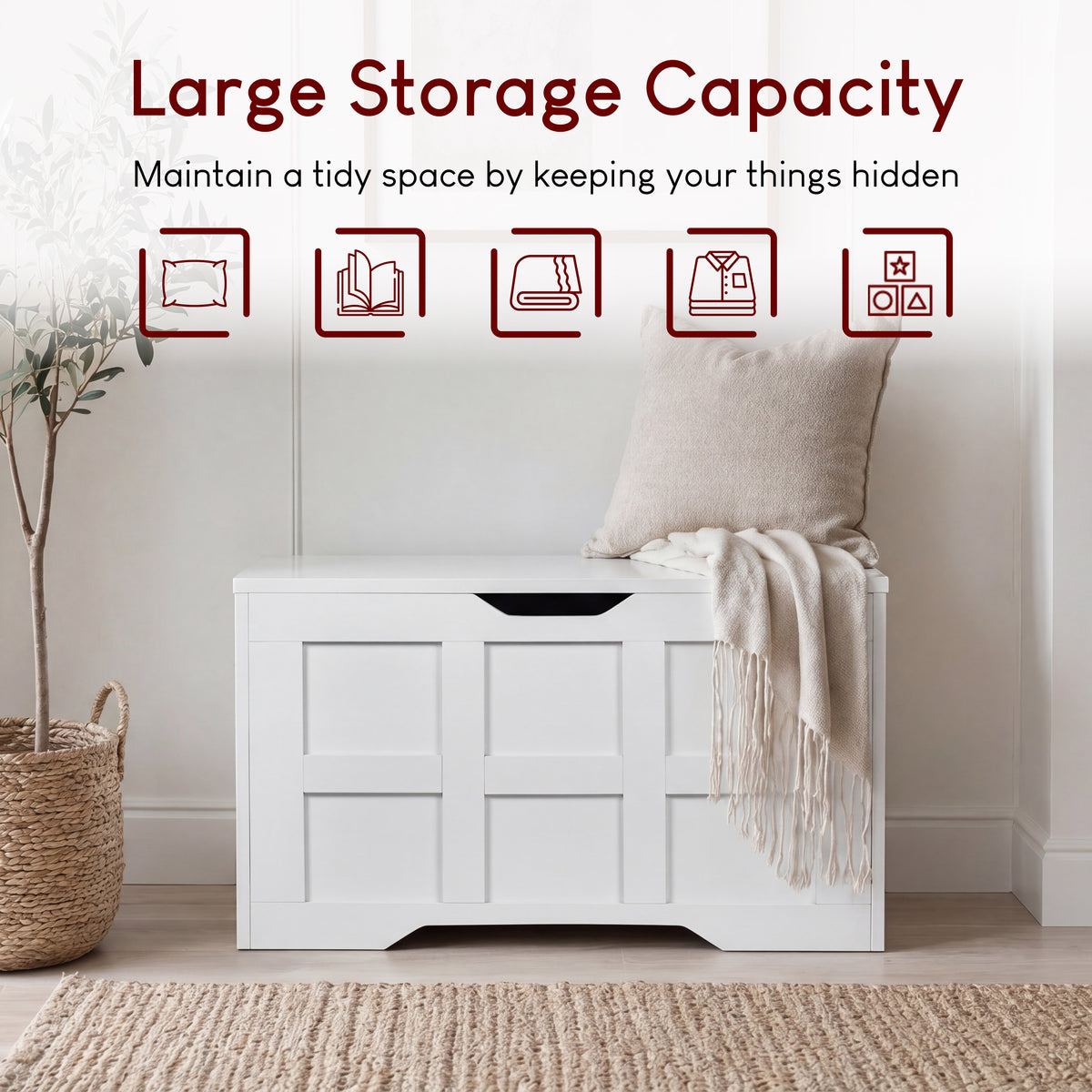 Small Wooden Storage Ottoman Bench – Multi-Functional Storage Chest with Lid, White