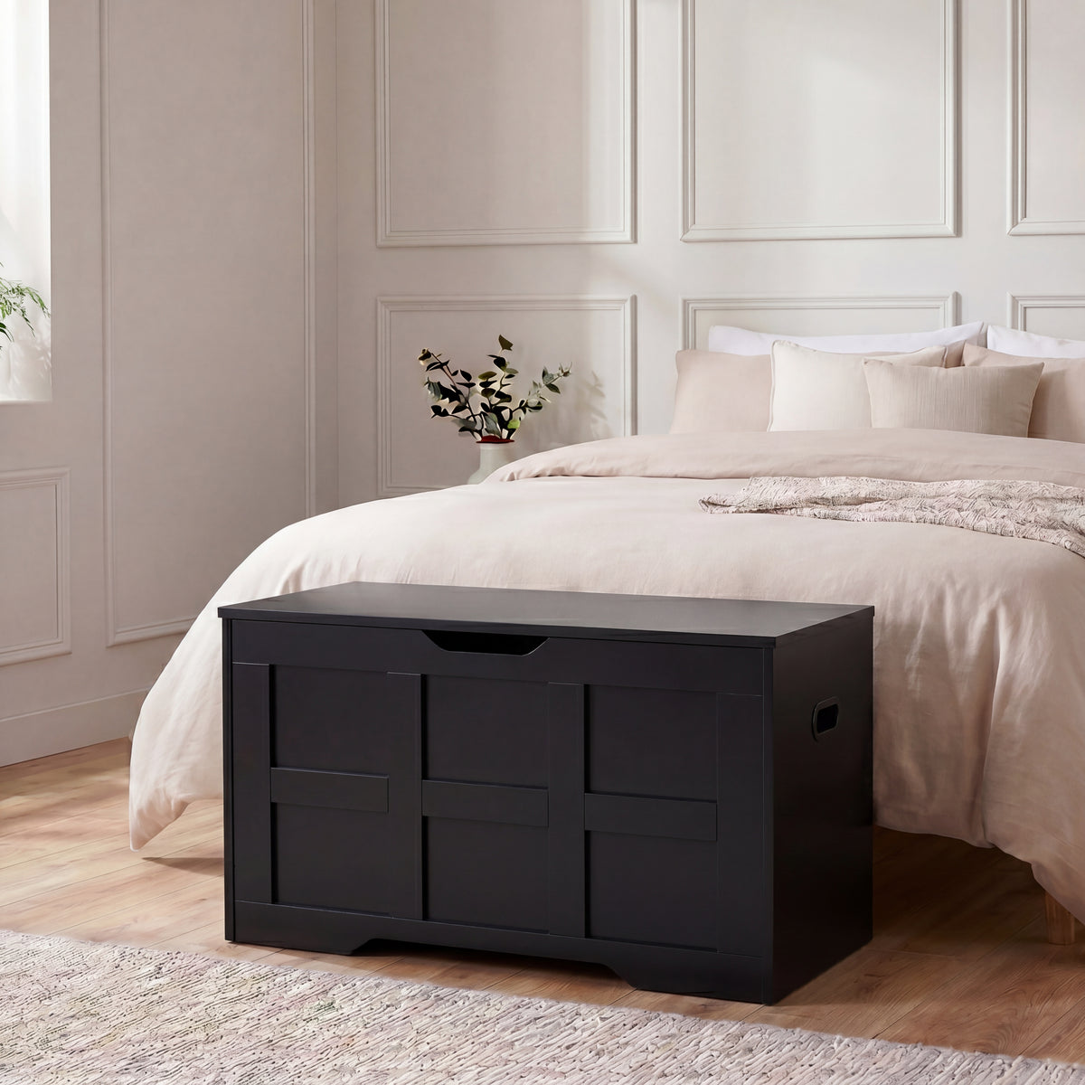 Small Wooden Storage Ottoman Bench – Multi-Functional Storage Chest with Lid, Black