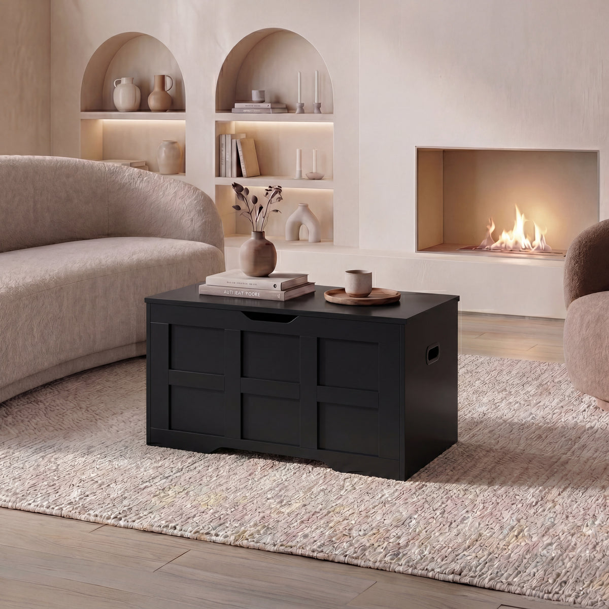 Small Wooden Storage Ottoman Bench – Multi-Functional Storage Chest with Lid, Black