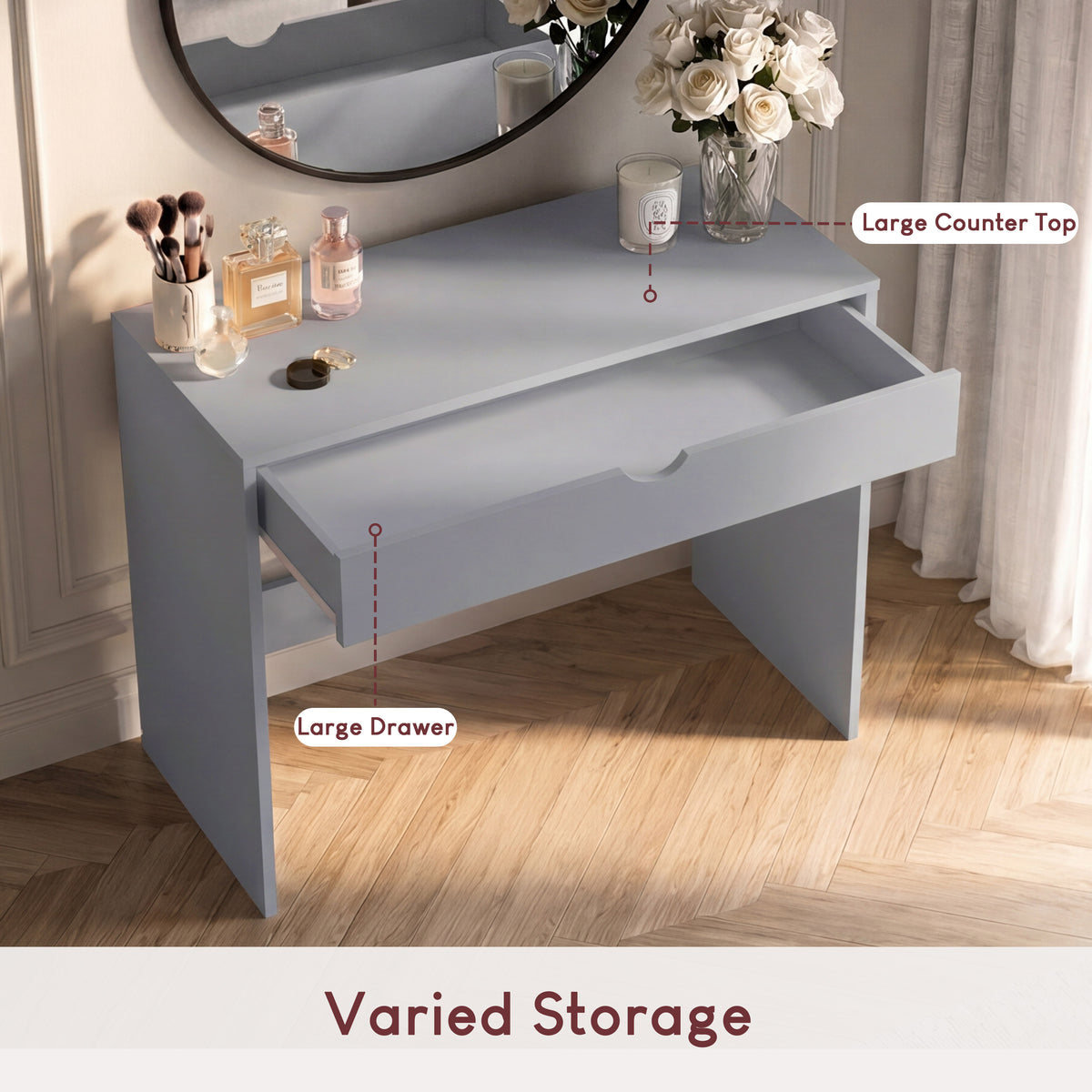 Rivela 1 Drawer Dressing Table, Grey Vanity Desk, Bedroom Furniture