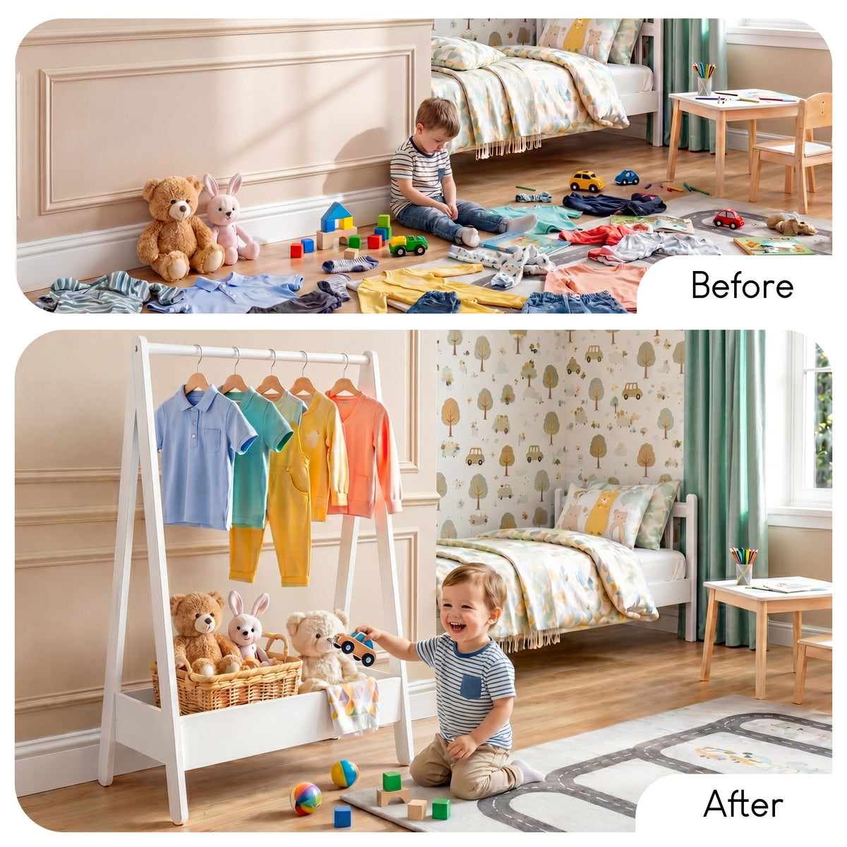 Wooden Kids Clothes Rack with Storage Shelf, White