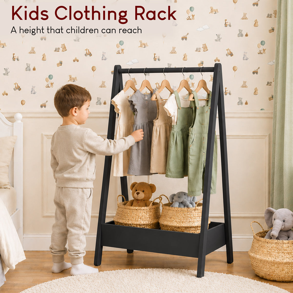 Wooden Kids Clothes Rack with Storage Shelf, Black