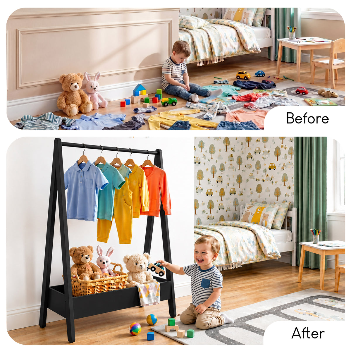 Wooden Kids Clothes Rack with Storage Shelf, Black