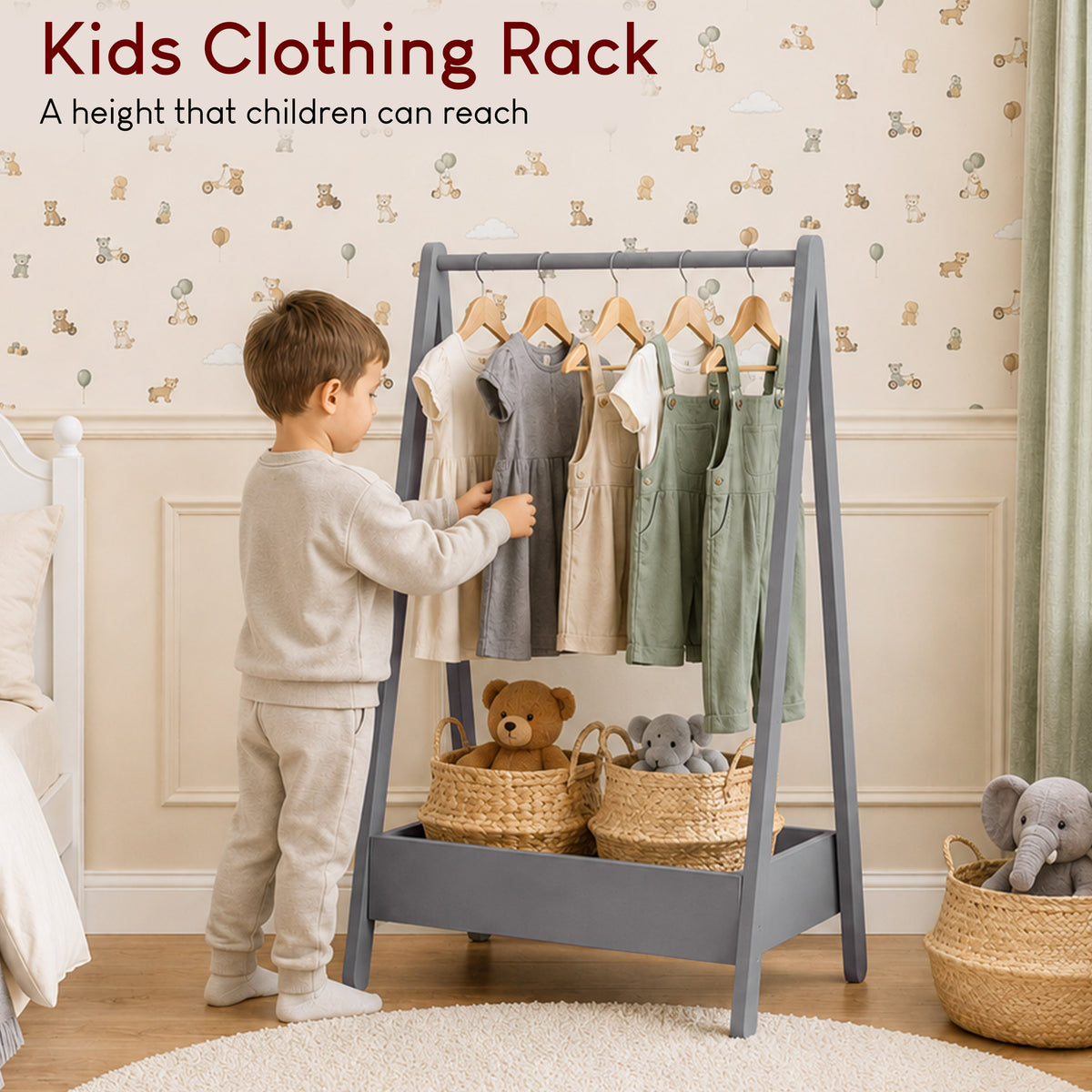 Wooden Kids Clothes Rack with Storage Shelf, Grey