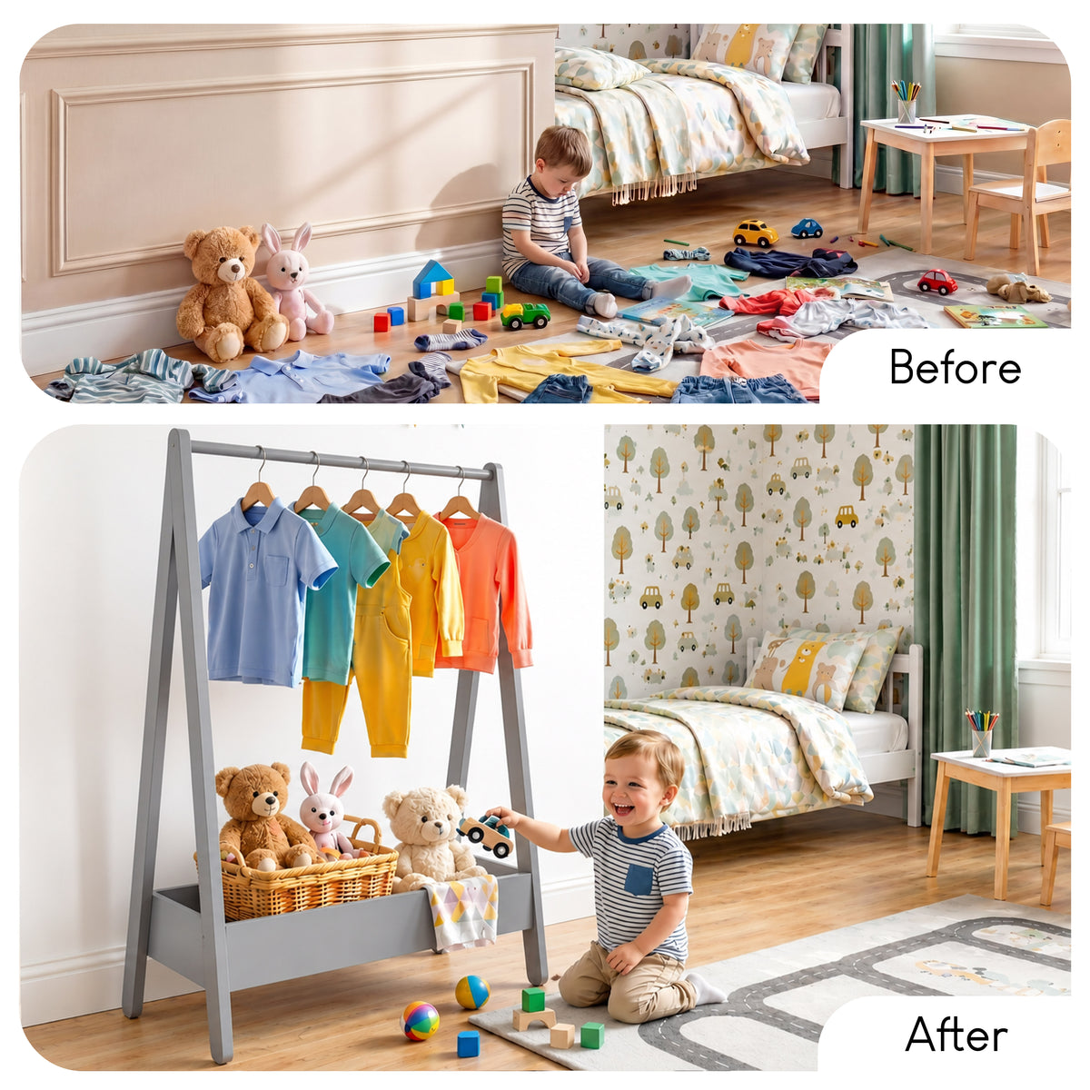 Wooden Kids Clothes Rack with Storage Shelf, Grey