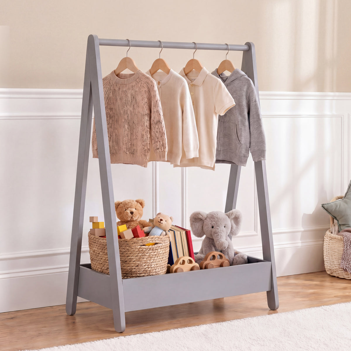 Wooden Kids Clothes Rack with Storage Shelf, Grey