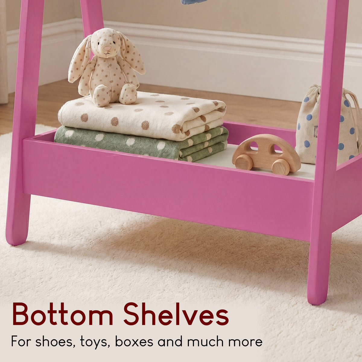 Wooden Kids Clothes Rack with Storage Shelf, Pink