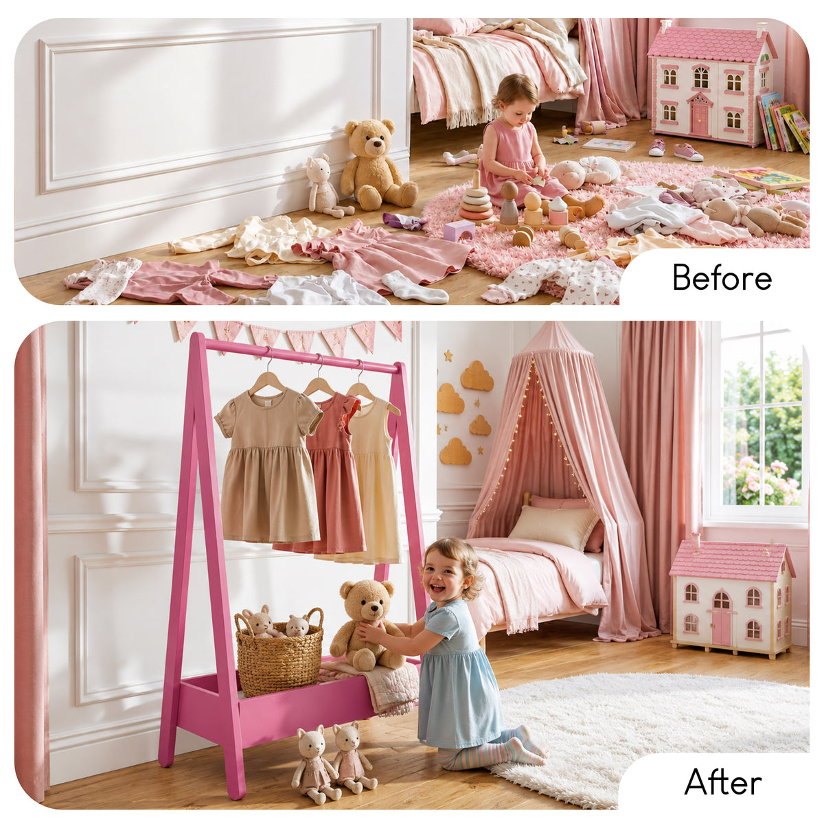 Wooden Kids Clothes Rack with Storage Shelf, Pink