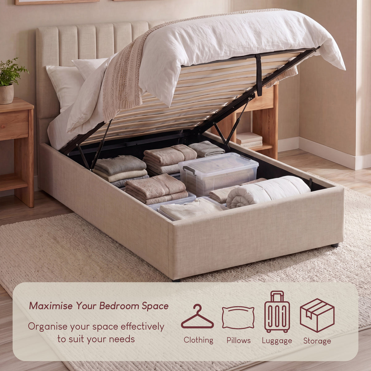 Vellaro Single Ottoman Fabric Bed & Mattress, Beige Linen