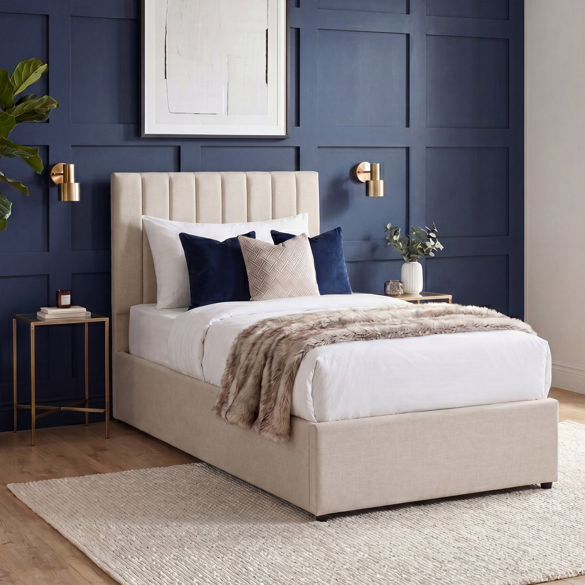 Vellaro Single Ottoman Fabric Bed & Mattress, Beige Linen