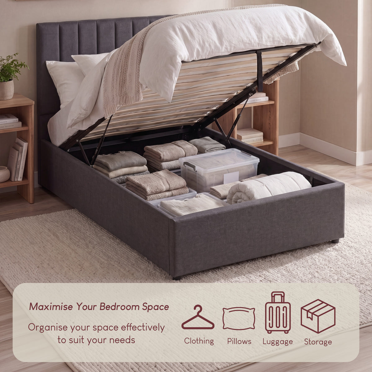 Vellaro Single Ottoman Fabric Bed, Dark Grey Linen
