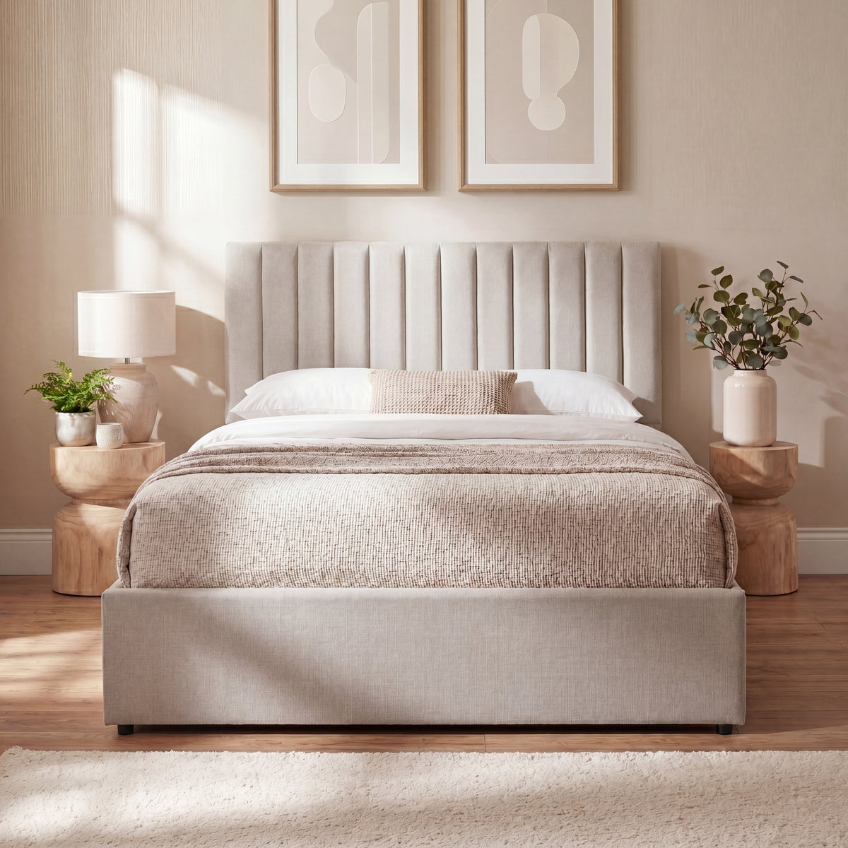 Vellaro Double Ottoman Fabric Bed & Mattress, Beige Linen