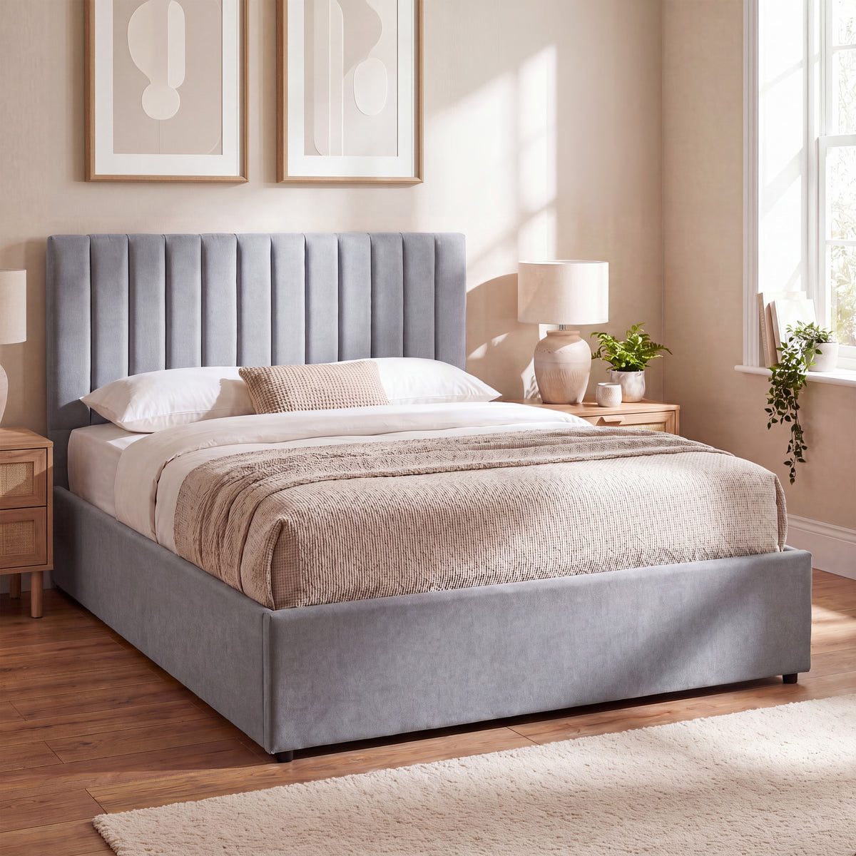 Vellaro Double Ottoman Fabric Bed & Mattress Light Grey Linen