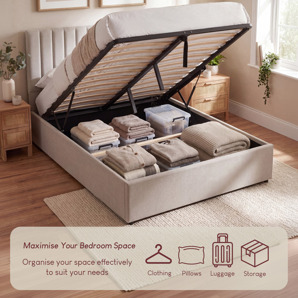 Vellaro King Size Ottoman Fabric Bed & Mattress, Beige Linen