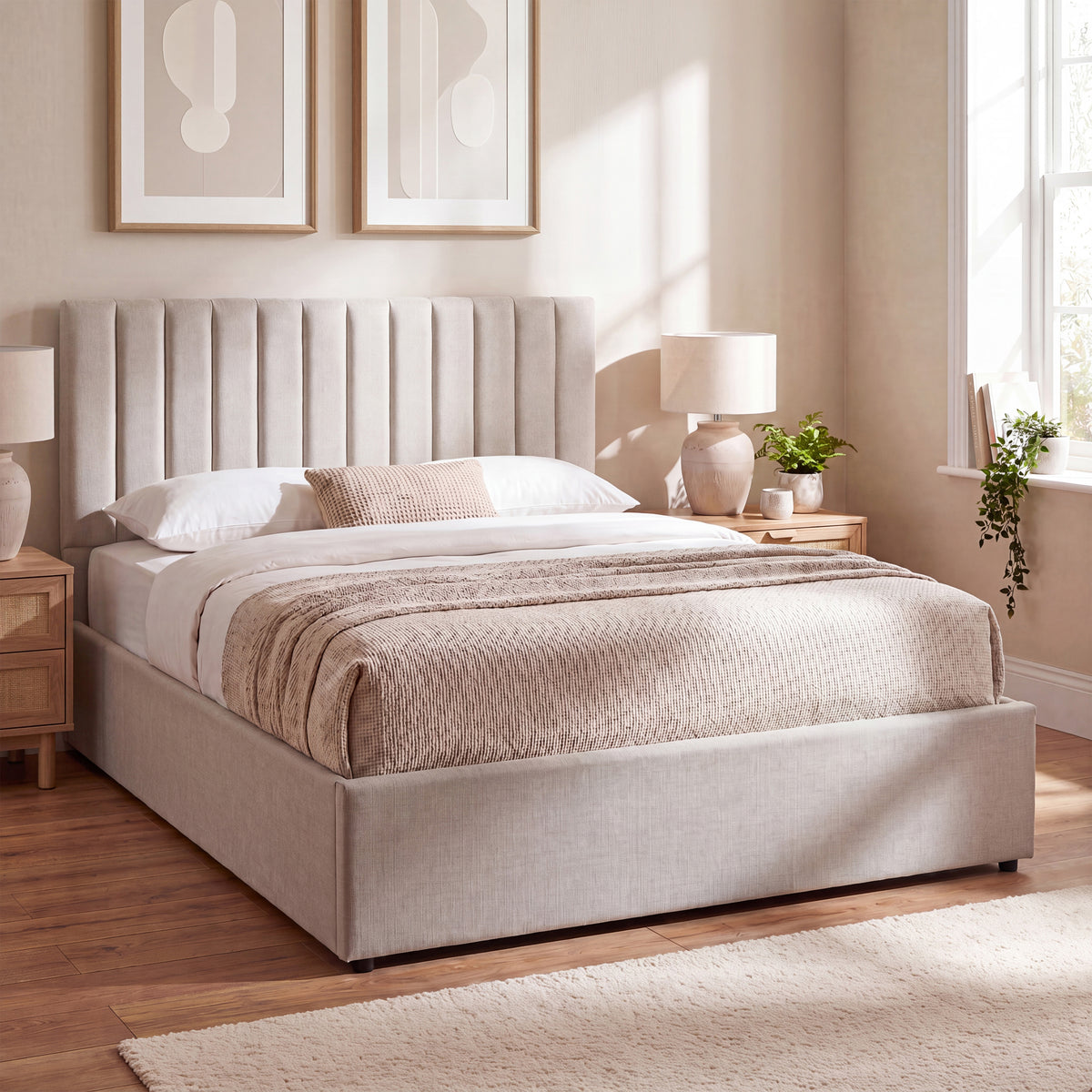 Vellaro King Size Ottoman Fabric Bed & Mattress, Beige Linen