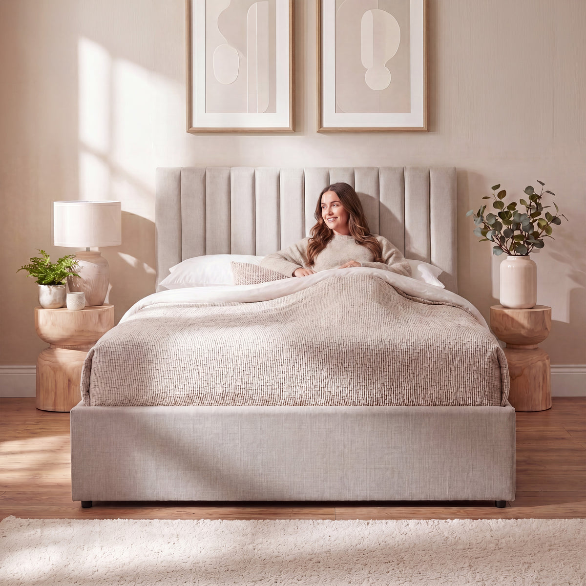 Vellaro King Size Ottoman Fabric Bed & Mattress, Beige Linen